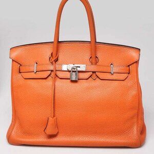 Hermes 35cm Orange Clemence Leather Palladium Plated Birkin Bag
